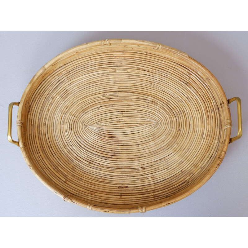 Vintage oval curved rattan serving tray with brass handles