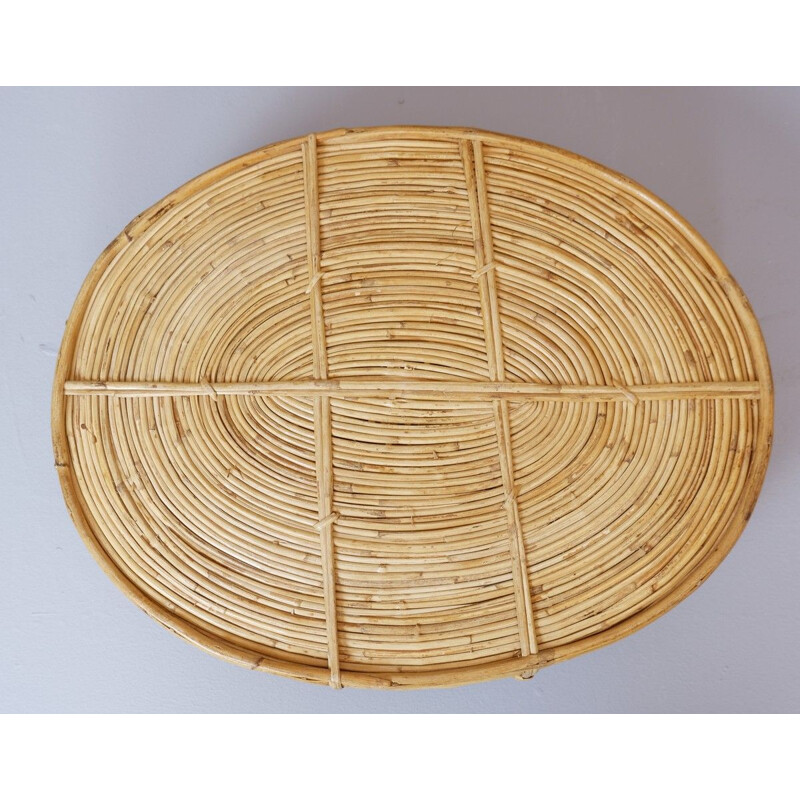 Vintage oval curved rattan serving tray with brass handles