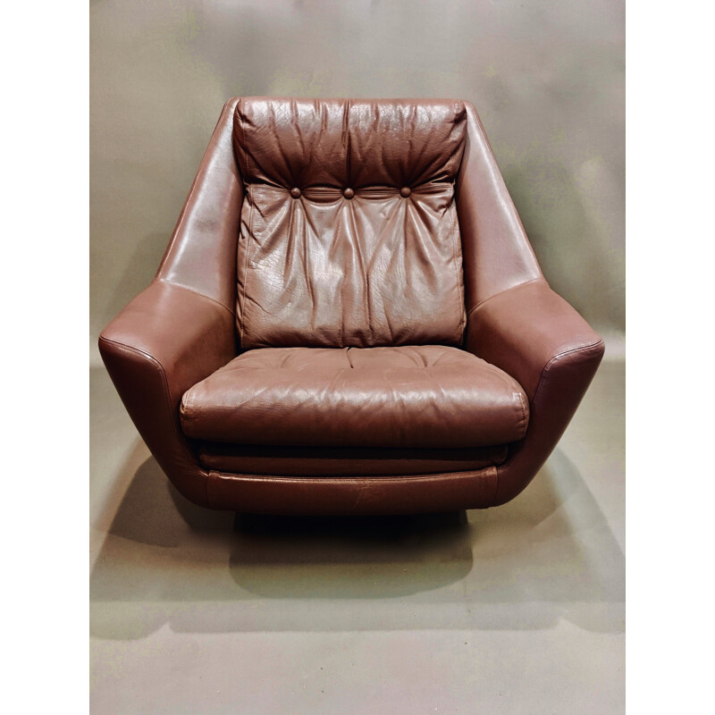 Fauteuil large vintage entièrement cuir pivotant 1950