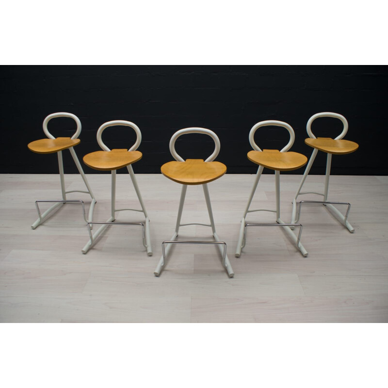set of 5 Vintage Metal and Wood Bar Stools with Footrests, 1980s