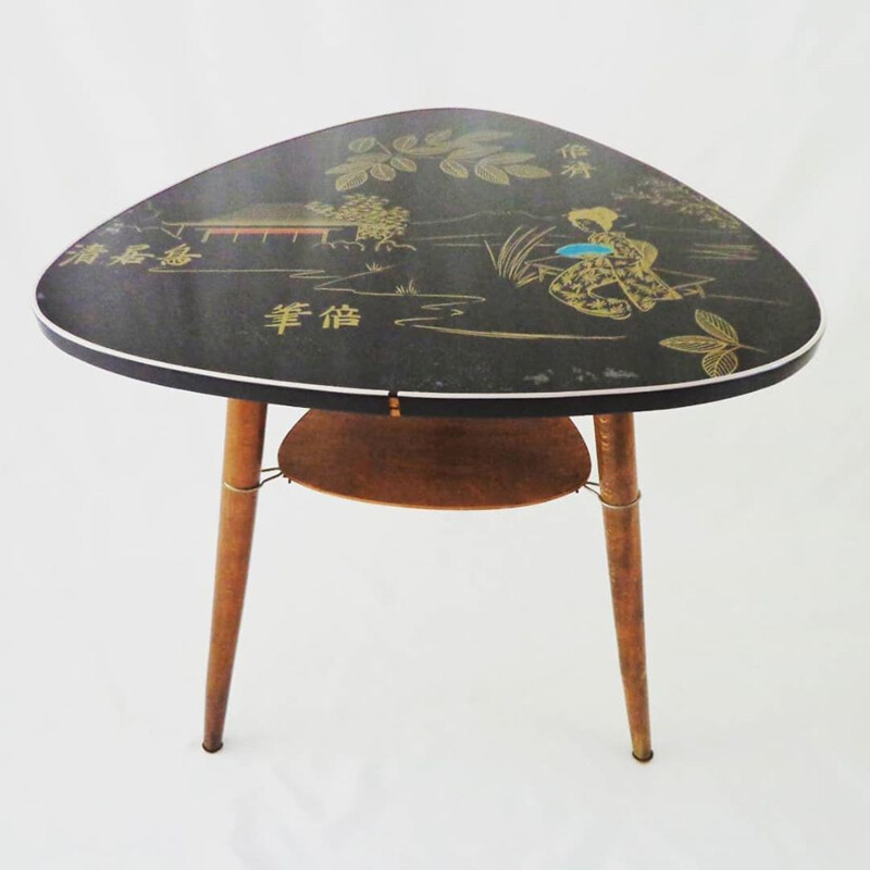 Vintage coffee table with a Japanese motif on the tabletop, 1950