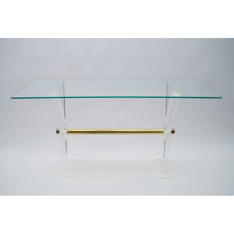 Vintage console table "Hollywood Regency" in plexiglass, glass and brass, 1960