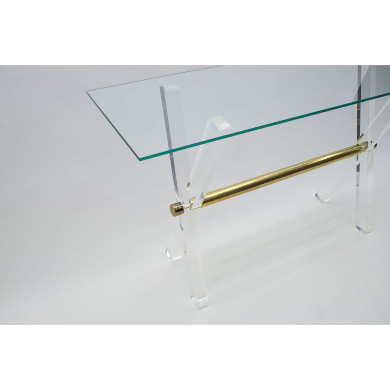 Table console vintage "Hollywood Regency" en plexiglas, verre et laiton,1960