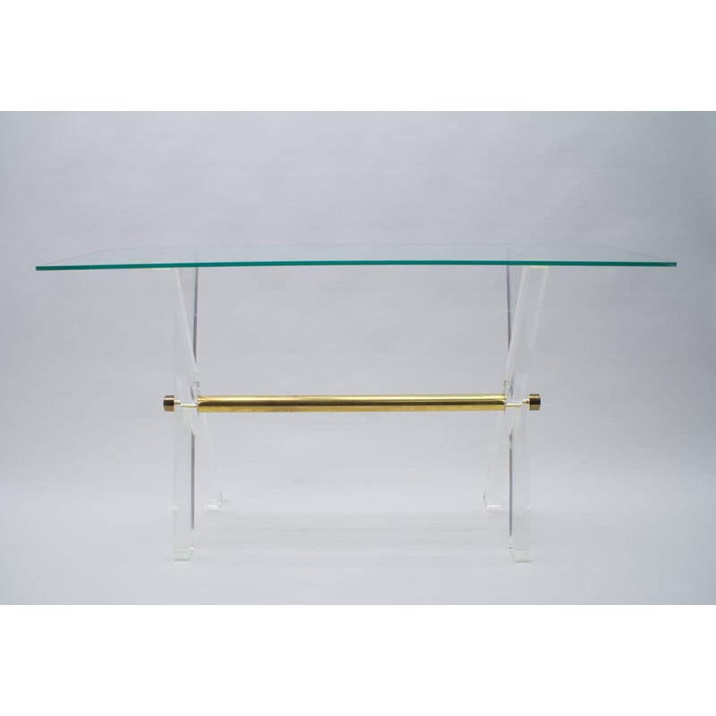 Table console vintage "Hollywood Regency" en plexiglas, verre et laiton,1960