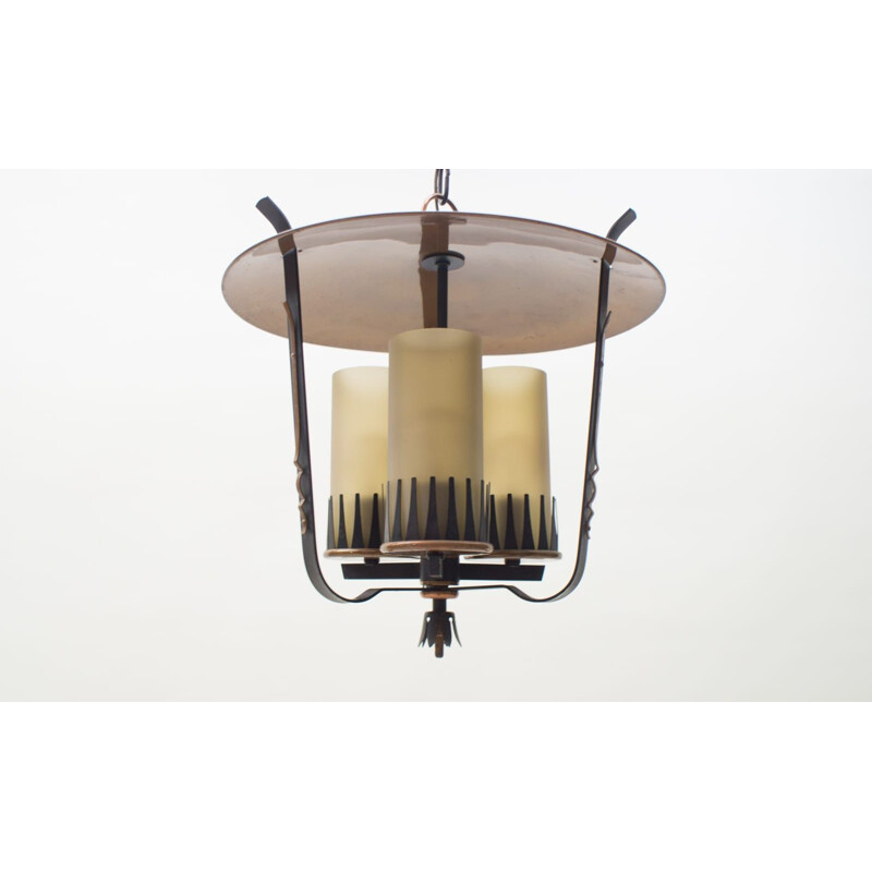 Vintage-Hängeleuchte aus Kupfer und satiniertem Zylinderglas, 1950
