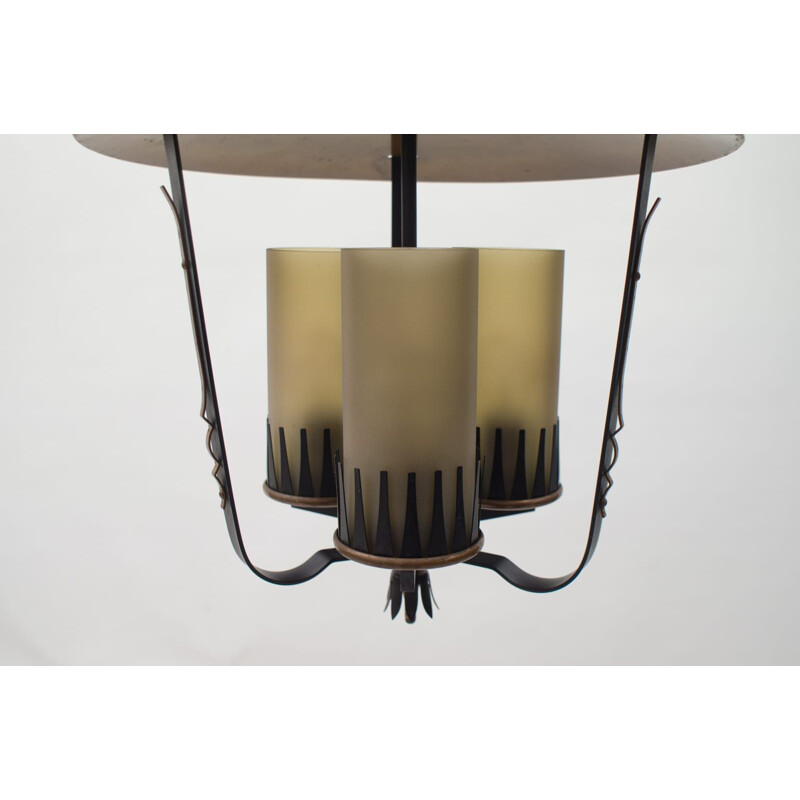 Vintage copper and cylindrical satin glass suspension, 1950