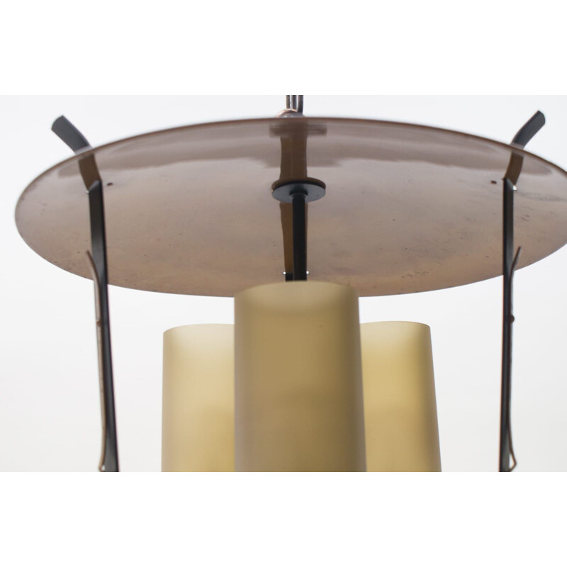 Vintage copper and cylindrical satin glass suspension, 1950