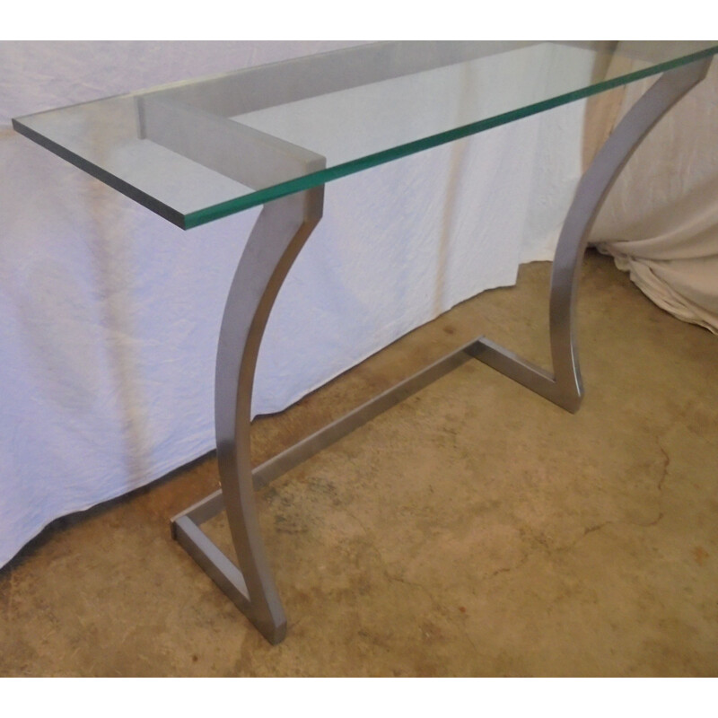 Vintage dented steel and glass console, 1970