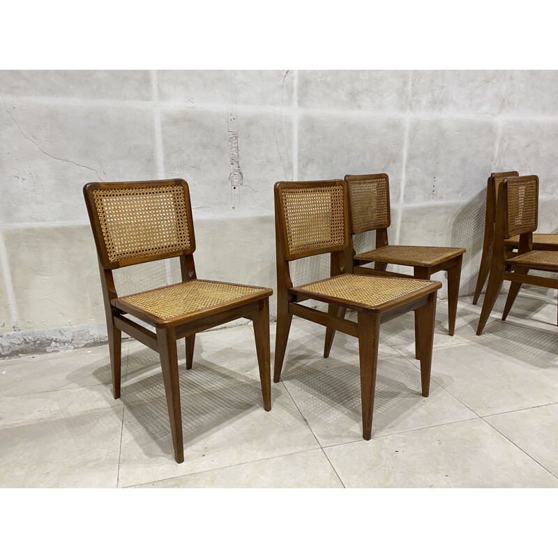 Série de 6 chaises vintage cannées 1950