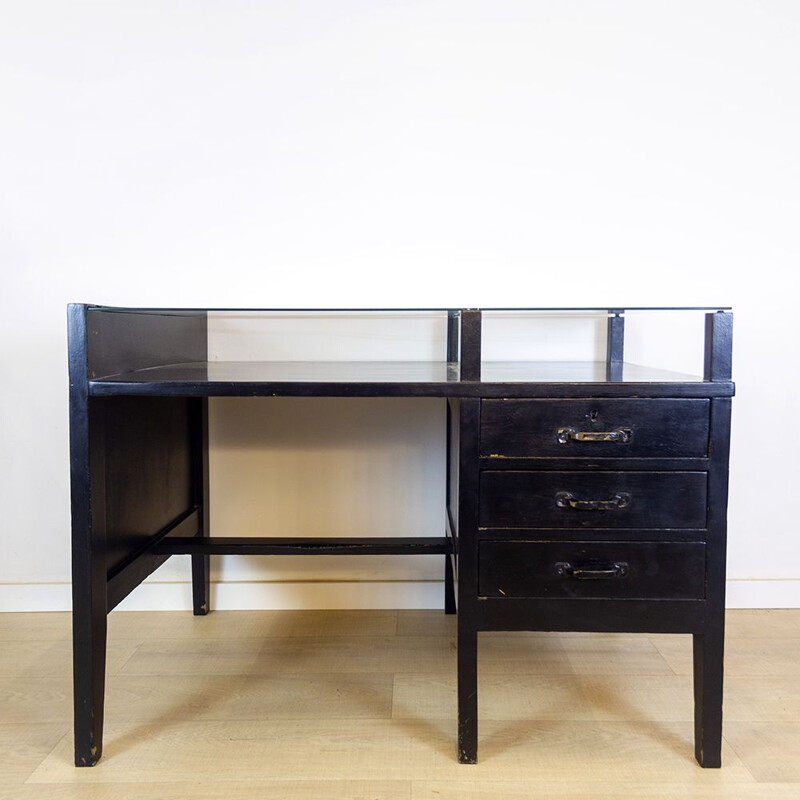 Vintage black desk with glass top, 1970s