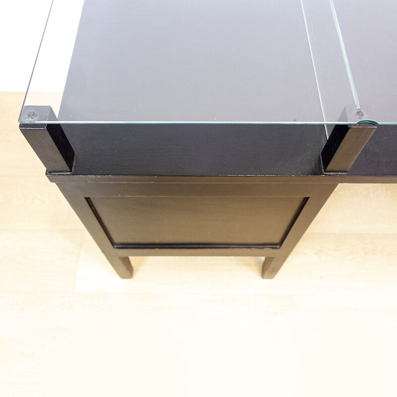 Vintage black desk with glass top, 1970s