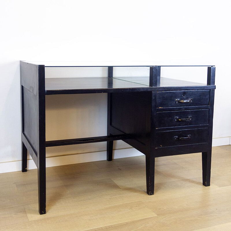 Bureau vintage noir avec plateau en verre, 1970