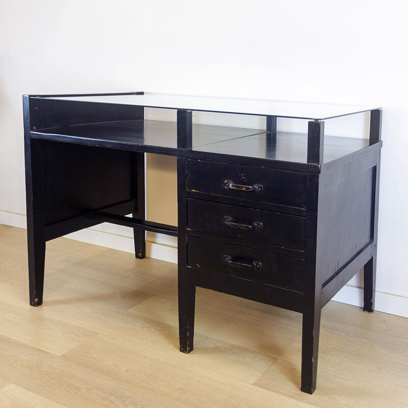 Vintage black desk with glass top, 1970s