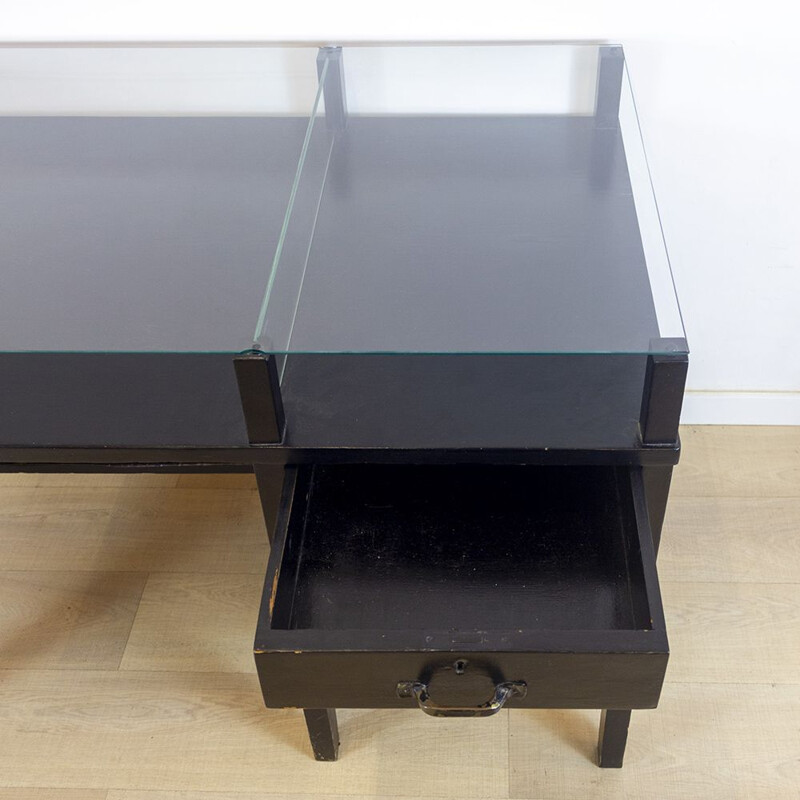 Vintage black desk with glass top, 1970s