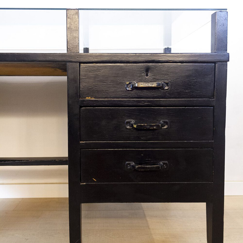 Vintage black desk with glass top, 1970s