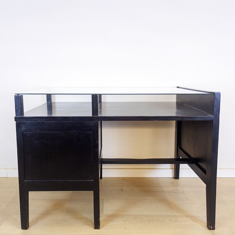 Vintage black desk with glass top, 1970s