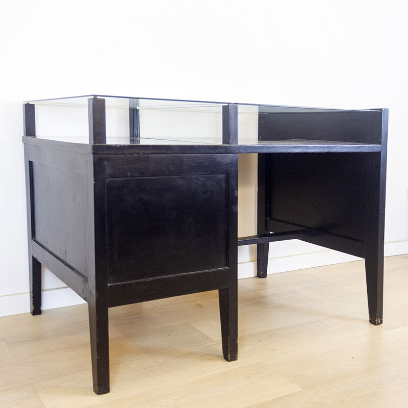 Bureau vintage noir avec plateau en verre, 1970