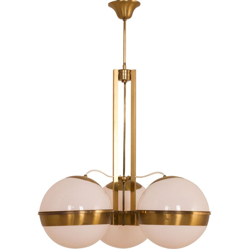 Vintage brass chandelier with 3 opaline glass in Gino Sarfatti Italian