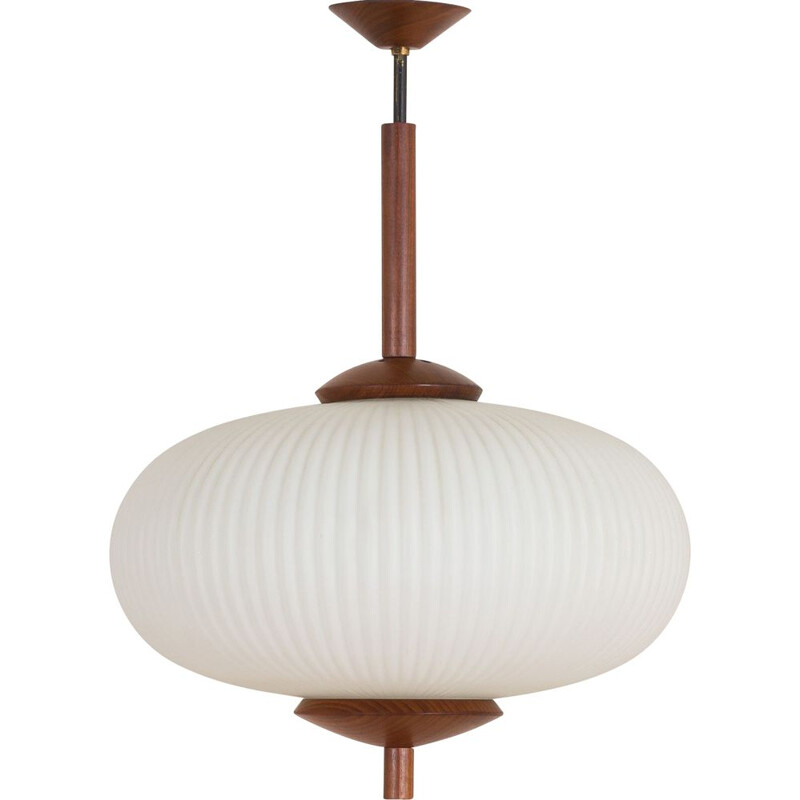Large vintage ribbed opaline glass and teak pendant lamp of Louis Kalff, 1960s