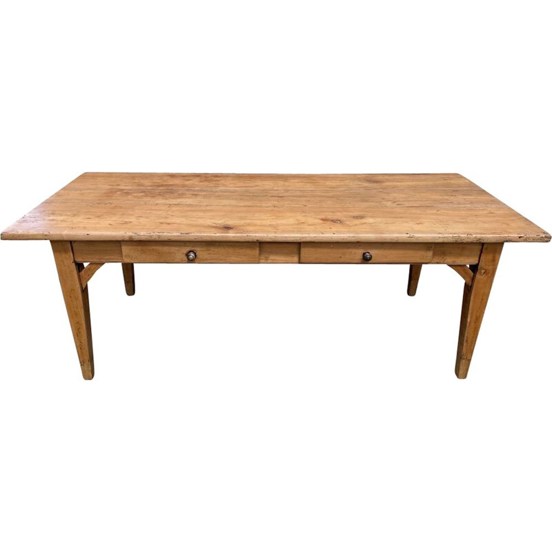 Vintage farm dining table for 810 people in solid wood with 2 drawers 1930