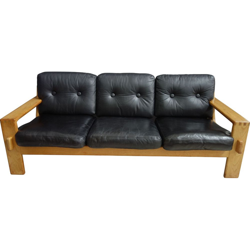 Vintage 3 seat sofa Leather and Oak Esko Pajamies model Bonanza 1960s