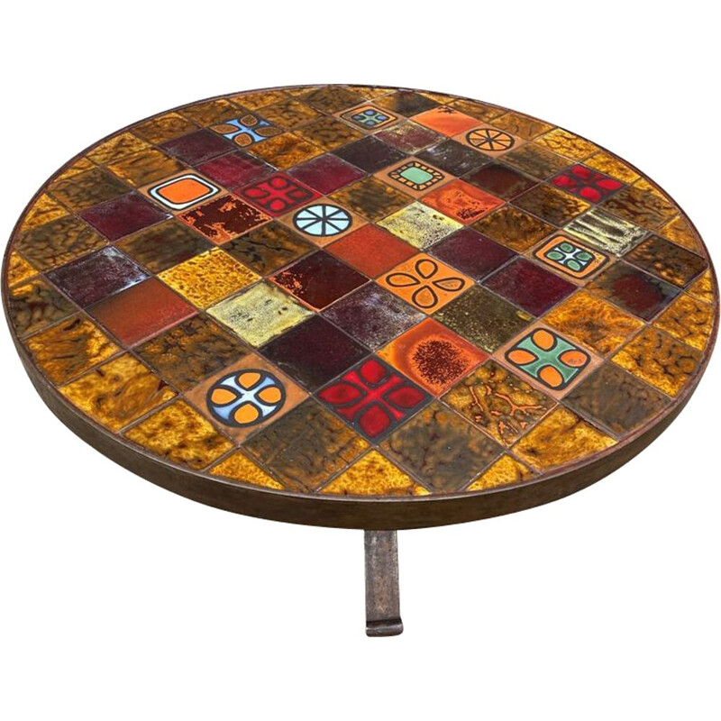 Vintage round ceramic and wrought iron coffee table from Roche Bobois 1970