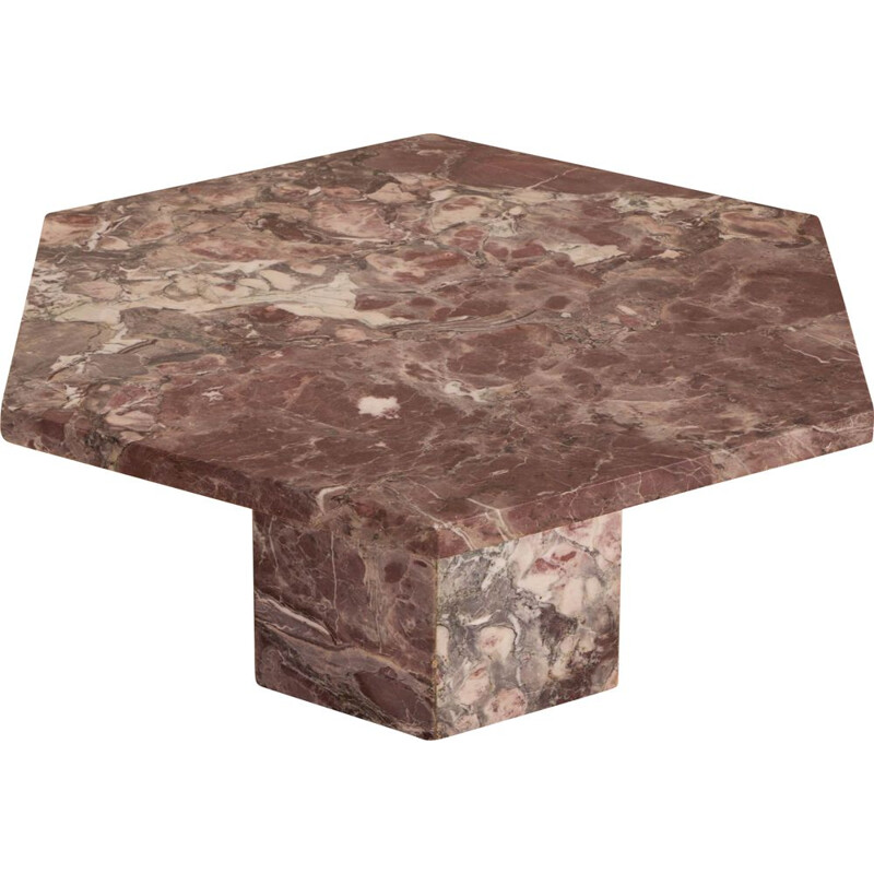 Table basse vintage hexagonale en marbre rose Italie 1980