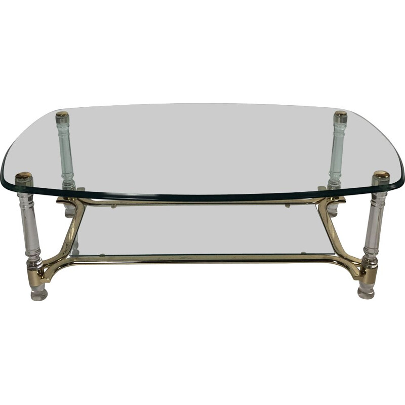 Vintage oval coffee table with smoked and bevelled glass top, plexi and gilded metal legs, 1980s