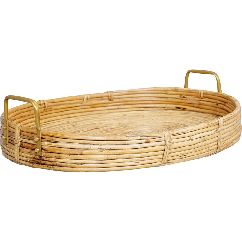 Vintage oval curved rattan serving tray with brass handles