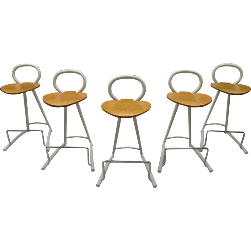 set of 5 Vintage Metal and Wood Bar Stools with Footrests, 1980s