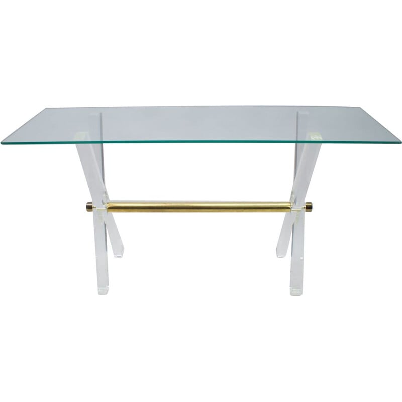 Table console vintage "Hollywood Regency" en plexiglas, verre et laiton,1960