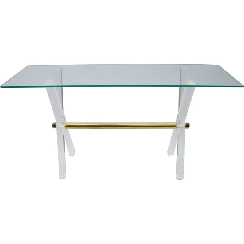 Vintage console table "Hollywood Regency" in plexiglass, glass and brass, 1960