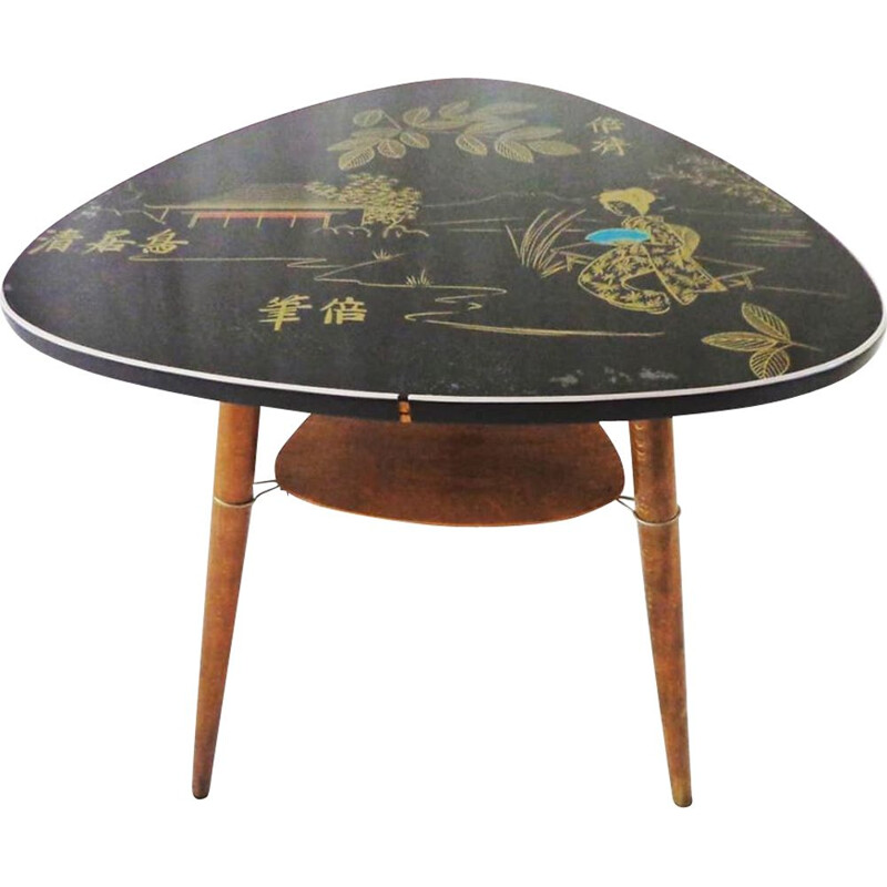 Vintage coffee table with a Japanese motif on the tabletop, 1950