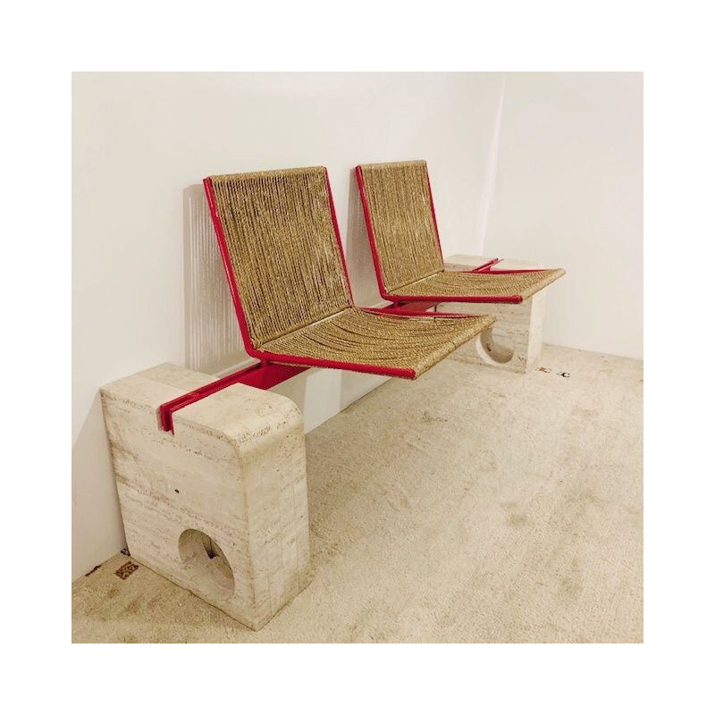 Vintage bench in travertine and red metal - Italy