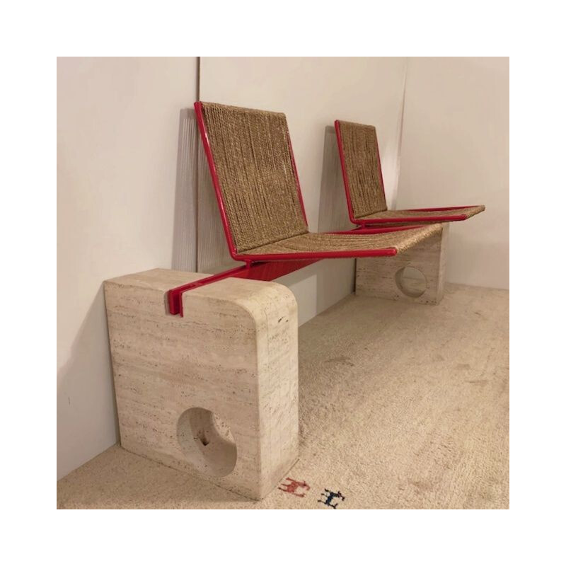 Vintage bench in travertine and red metal - Italy
