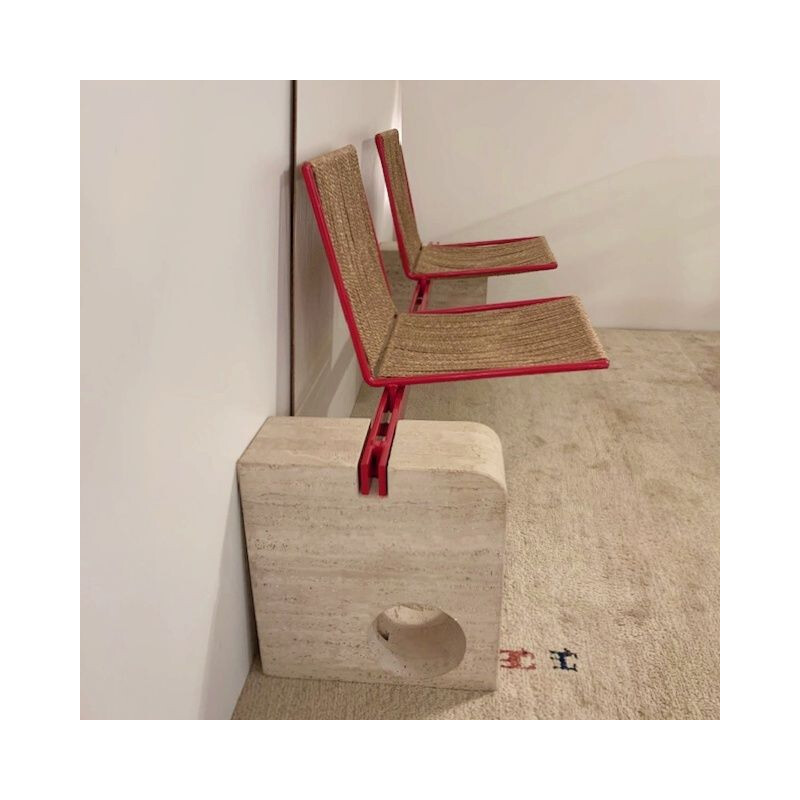 Vintage bench in travertine and red metal - Italy