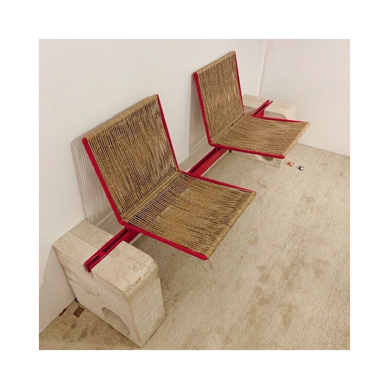 Vintage bench in travertine and red metal - Italy