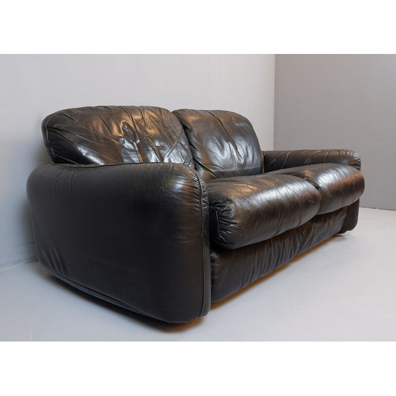 Vintage 2 Seater Sofa Piumotto Model in Black Leather by Arrigo Arrigoni for Busnelli, 1970