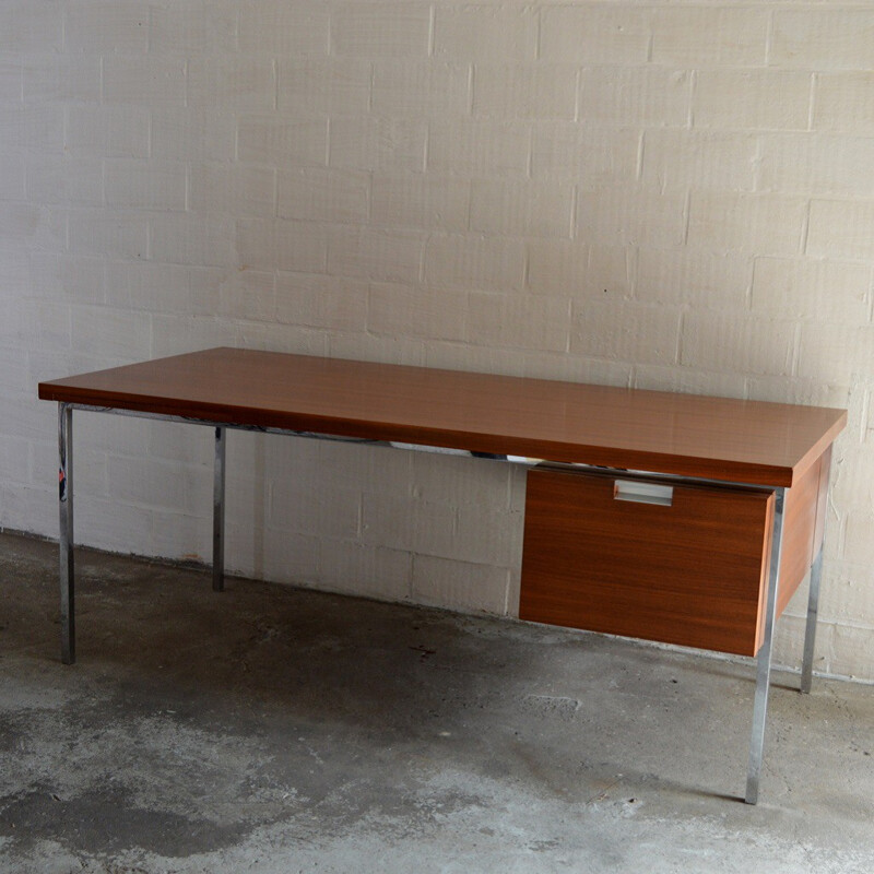 Teak and chromed plated metal desk, Florence KNOLL - 1960s