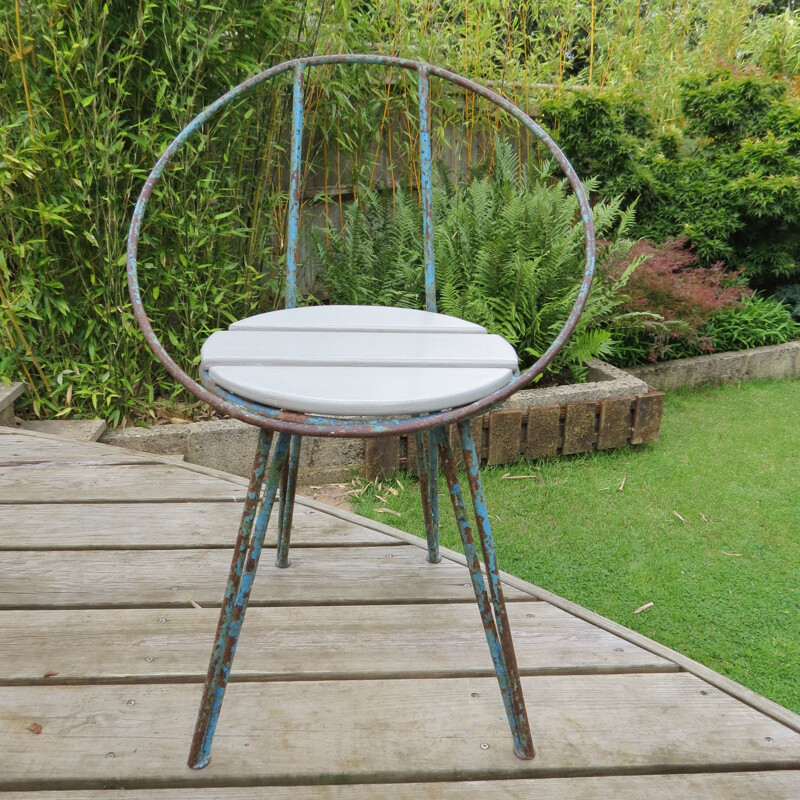 Lot de 4 chaises de jardin vintage en métal bleu 1950