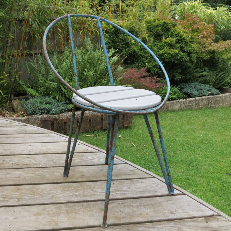 Lot de 4 chaises de jardin vintage en métal bleu 1950