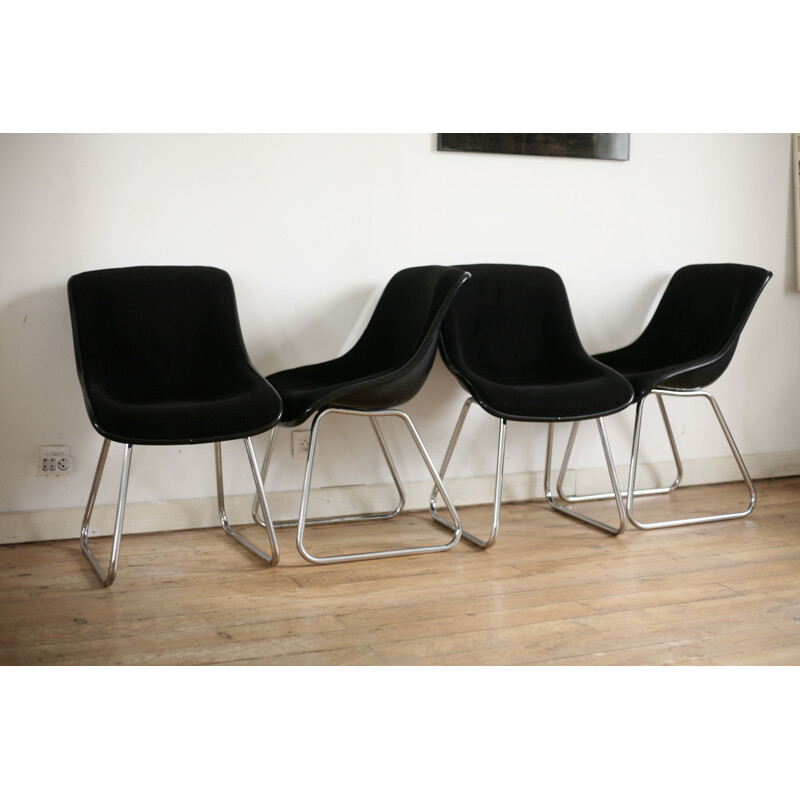 4 chairs vintage plastic and black velvet shells, France 1970