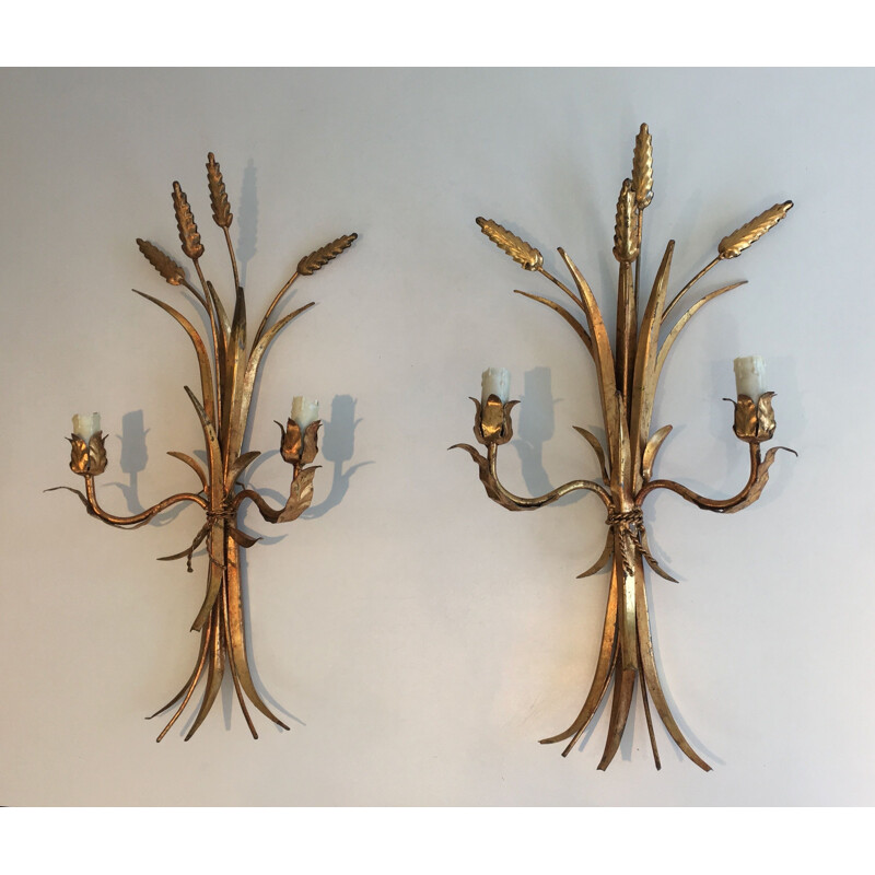 Pair of vintage gilt metal wall lamps, 1970