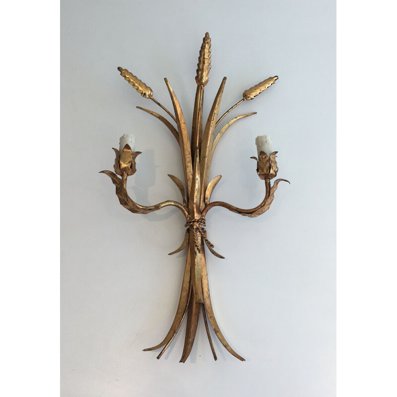 Pair of vintage gilt metal wall lamps, 1970