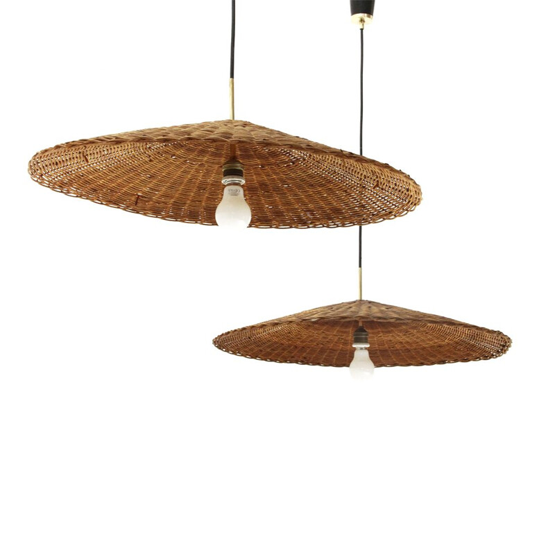 Pair of vintage pendant lamps with rattan shades, 1950s