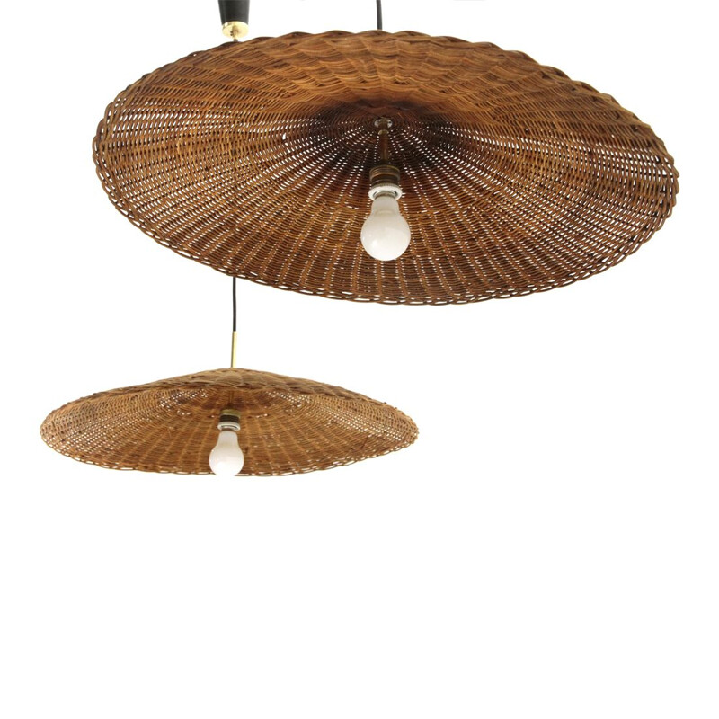 Pair of vintage pendant lamps with rattan shades, 1950s