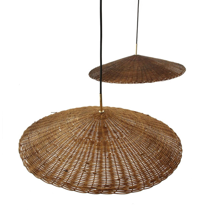 Pair of vintage pendant lamps with rattan shades, 1950s