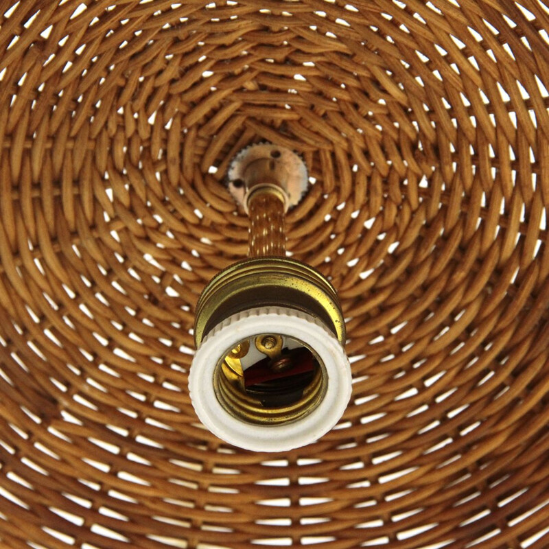 Pair of vintage pendant lamps with rattan shades, 1950s