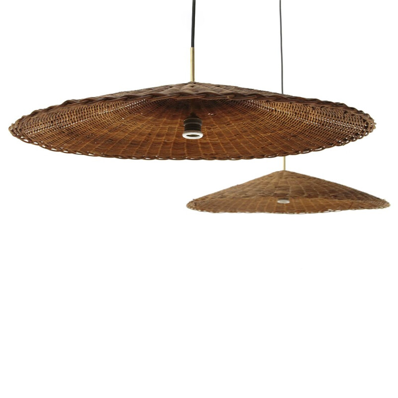 Pair of vintage pendant lamps with rattan shades, 1950s