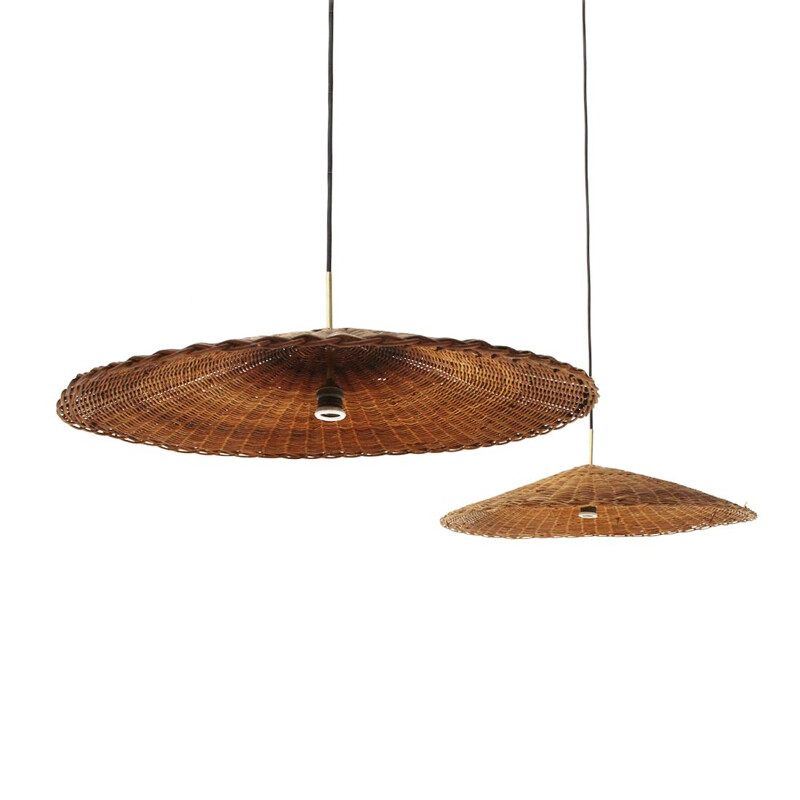 Pair of vintage pendant lamps with rattan shades, 1950s